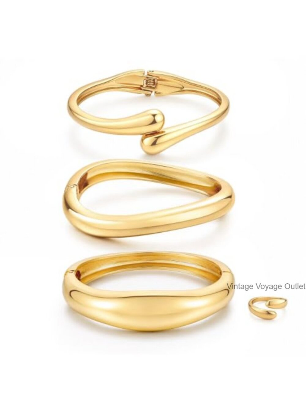 14K Gold Plated Stackable Bangle Bracelet Set with Ring